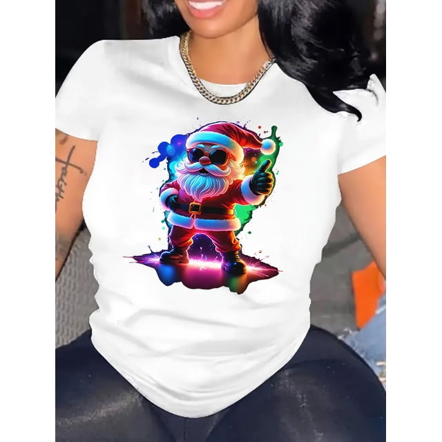 Camiseta navideña con estampado de Papá Noel para mujer: vibrante diseño navideño, cuello redondo informal, manga corta, cómoda mezcla de algodón, perfecta para celebraciones navideñas, guirnalda navi