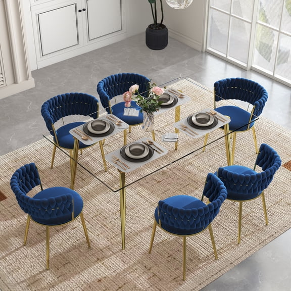 KATBOC 51in Modern Glass Dining Table Set with 4/6 Velvet Chairs, Tempered Glass Top & Metal Legs, Space-Saving Design for Kitchen Dining Room