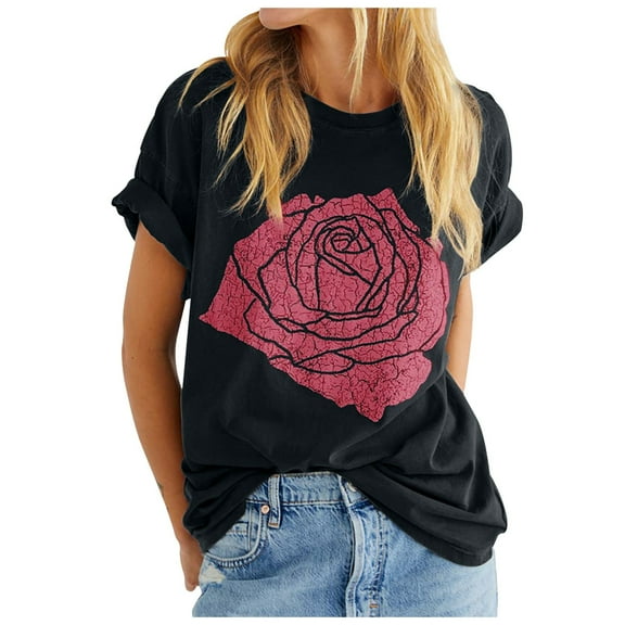 Womens Tshirts Rose Graphic Loose Fit Summer Short Sleeve Boyfriend Casual Crew Neck Tees Women's Tops Black L