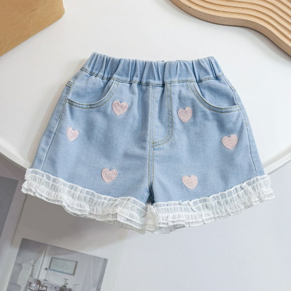 Ahuyic Solid Color Heart Lace Girls Shorts Jeans Elastic Waist Kids