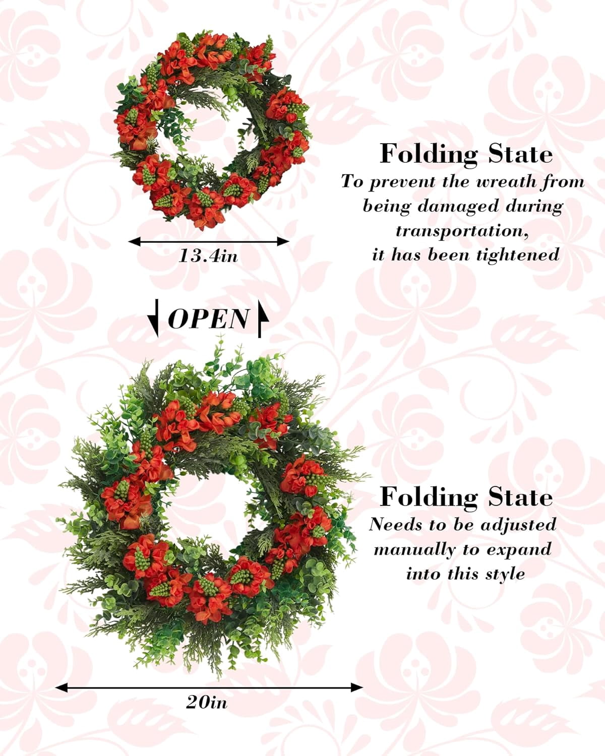 20 Inch Spring Summer Wreaths for Front Door, Artificial Flowers Violet Silk Floral Wreaths with Fake Plants Green Eucalyptus Leaves for Outdoors Farmhouse Wall Wedding Porch Home Decor