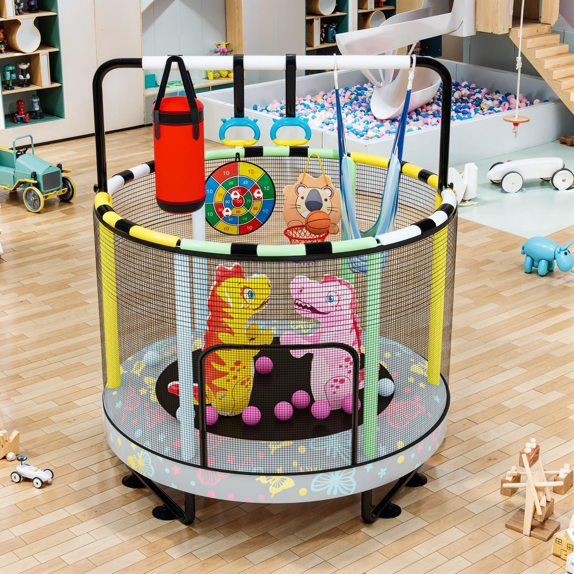 MOOSENG Round Kids Trampoline, Bouncing Trampoline with Safety Enclosure Net, Adjustable Height Handrail, 500lbs Capacity, Designs for Boys & Girls, 7-in-1, 55” (Butterfly)