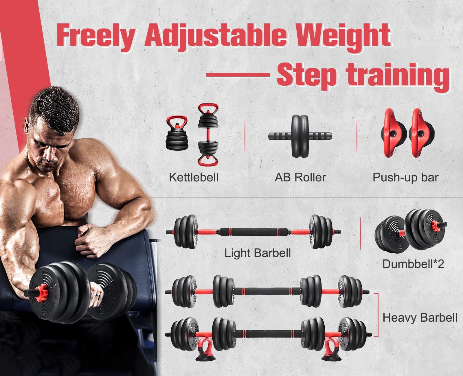 Relife Sports Adjustable Dumbbell Set Free Weight Used as Barbell Kettlebell Fitness Home Gym Workout