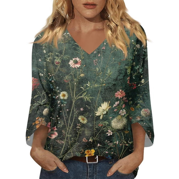 Delconic Women’s Casual Floral Print V Neck Three Quarter Sleeve Loose Fit Blouse Top for Everyday Wear and Comfortable Style Dark Green L