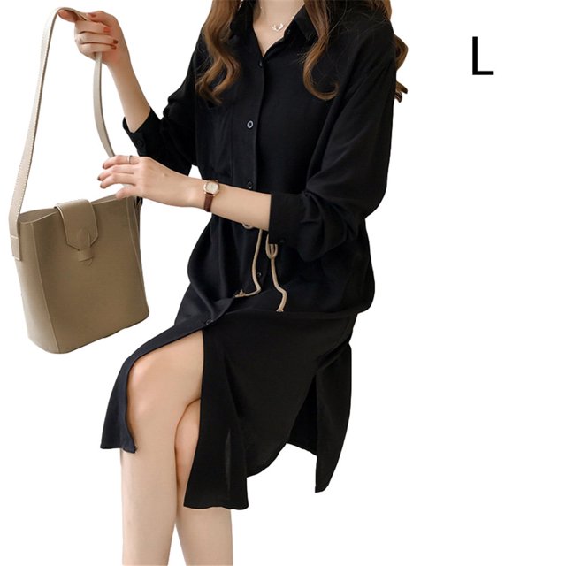 Vestido camisero Vestido midi de gasa transpirable con bolsillo informal de manga larga, Negro, L Inevent AP001472-14B