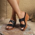 thumbnail image 2 of Rokment Womens Buckles Platform Wedge Dress Slip on Summer Shoes Trendy Casual Leather Peep Toe Chunky High Heels Dressy Sandals for Ladies Black Size 6, 2 of 7