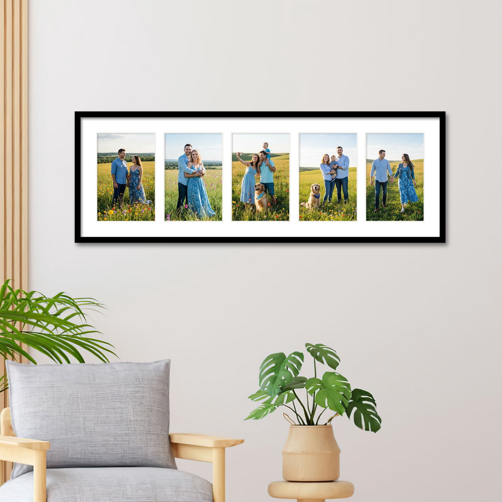 Kuxerla 8x24 Collage Picture Frame ,Displays 5Pcs 4x6 Pictures with Mat or 1Pcs 8x24 Picture without Mat , Collage Picture Frame for Horizontal or Vertical Display, Black, 1 Pack