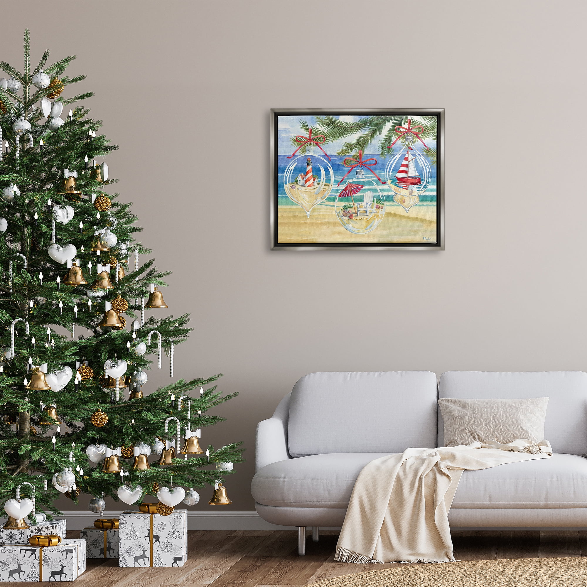 Stupell Industries Coastal Christmas Ornaments Holiday Painting Gray Floater Framed Art Print Wall Art, 31 x 25