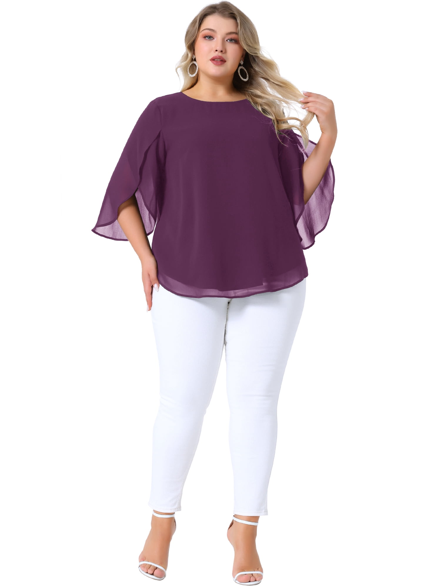 Women's Plus Blouses with Flutter Petal Half Sleeve Chiffon Top 2X Dark Purple