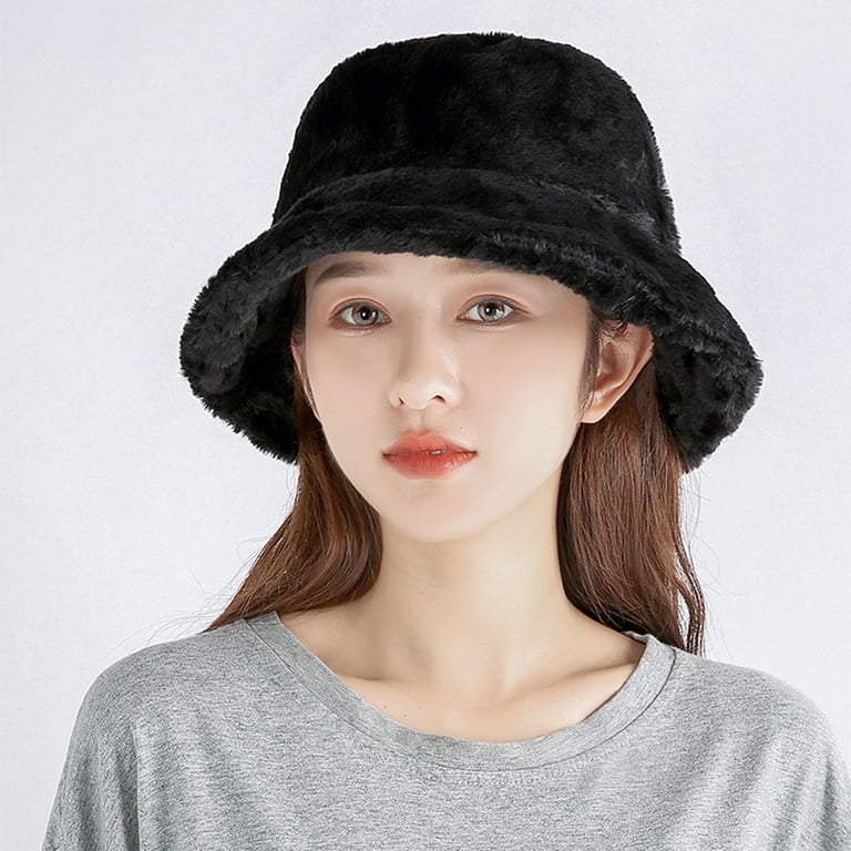 Women Winter Plush Bucket Hat Warm Solid Color Faux Fur  display picture 2