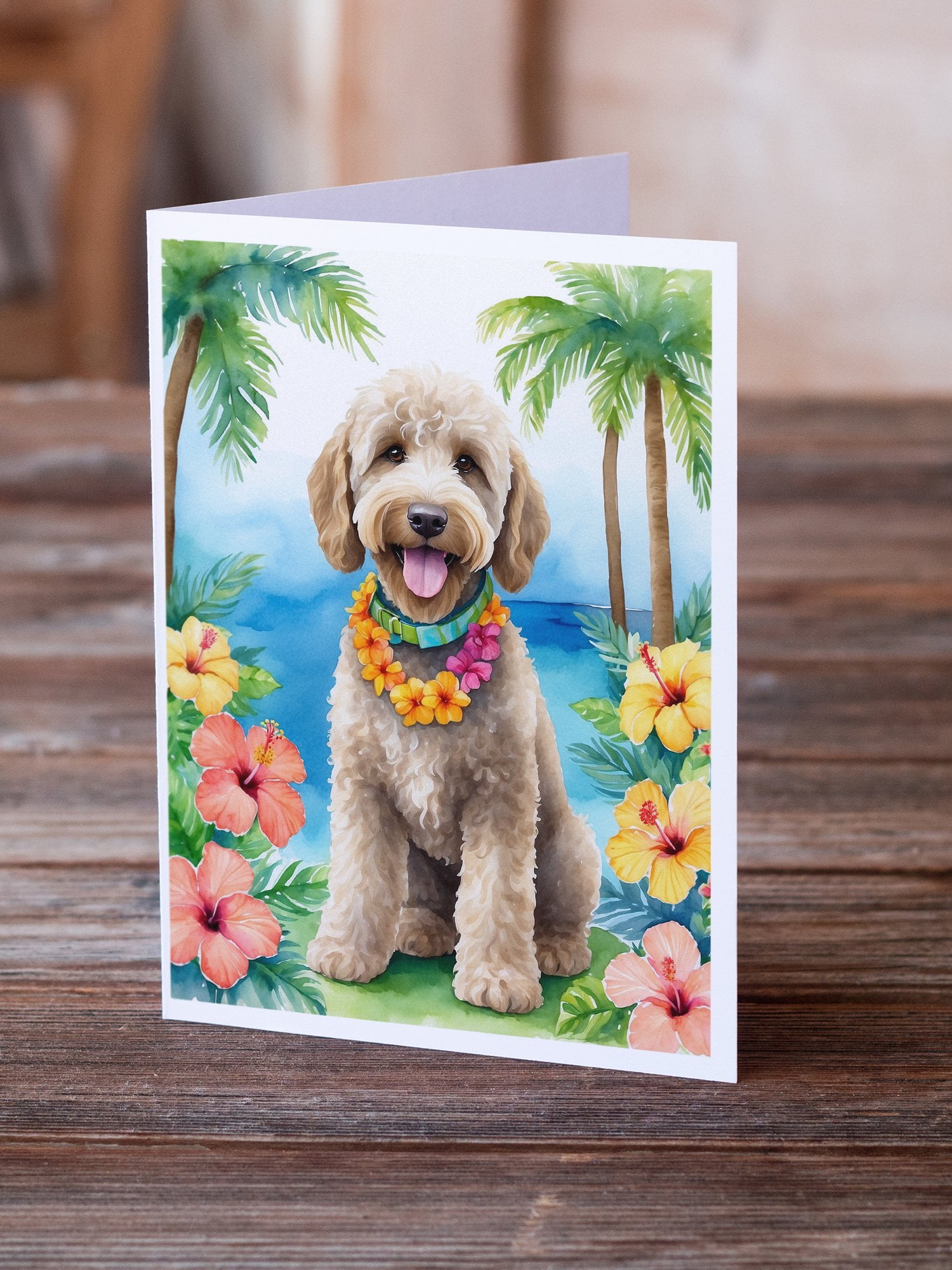 Labradoodle Luau Greeting Cards Pack of 8 7 in x 5 in