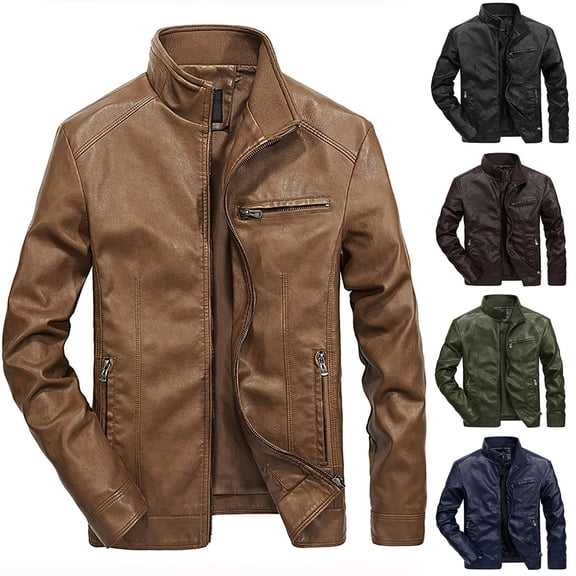 Mens Baseball Bomber Jacket Faux Leather Motorcycle Jackets Stand Collar Biker Coat Outwear for Daily Wear and Street Style Big and Tall Size M-5XL Khaki