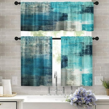 Turquoise Kitchen Curtains Valance and Tiers Set, Teal Abstract Short Window Curtains, Modern Art Painting Curtains Treatments Tiers Set for Window Decor 52" x 24"