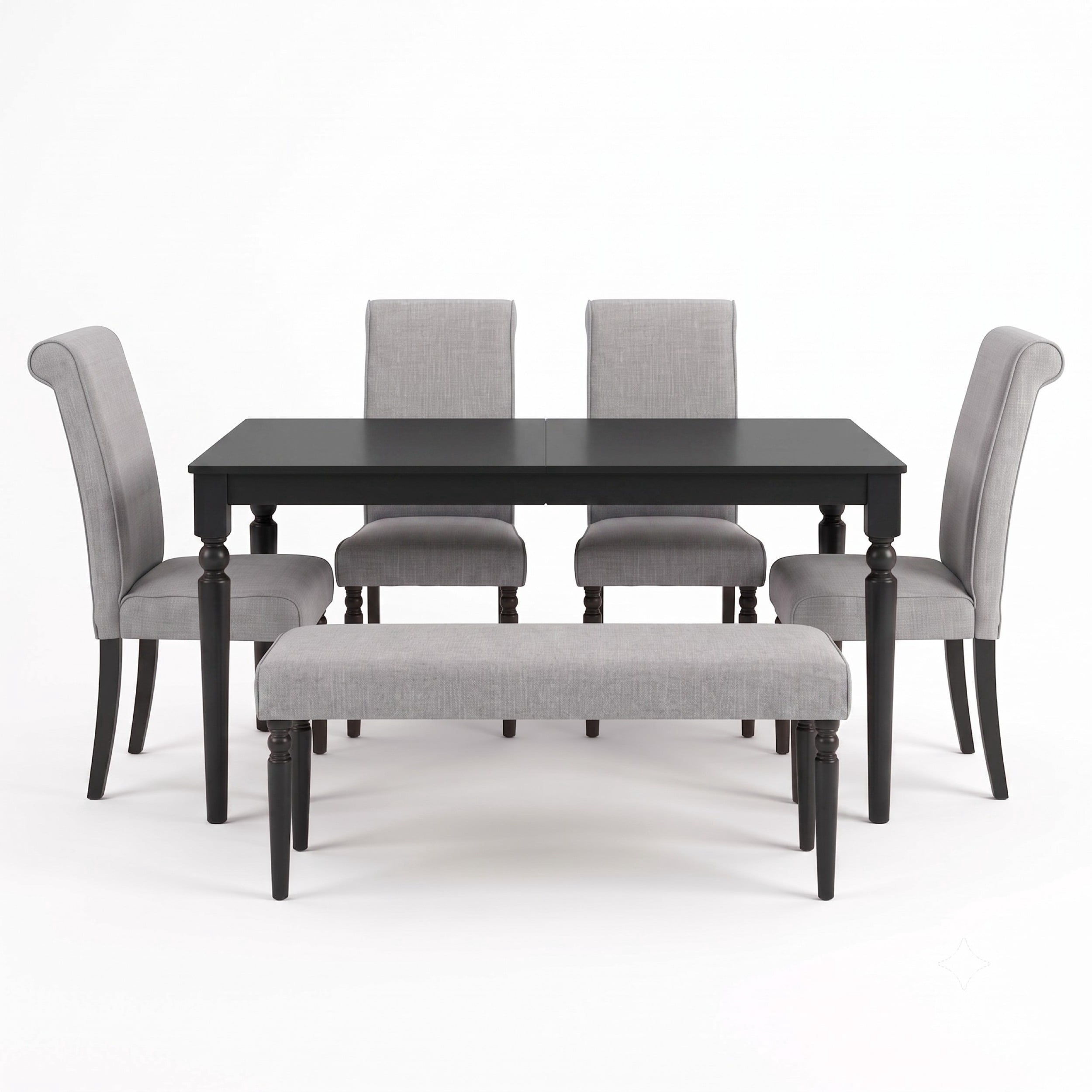 Home Design Pryor 6-Piece Dining Table Set- Rectangular Table, Upholstered Chairs and Bench, Modern Turned Legs Design, Black