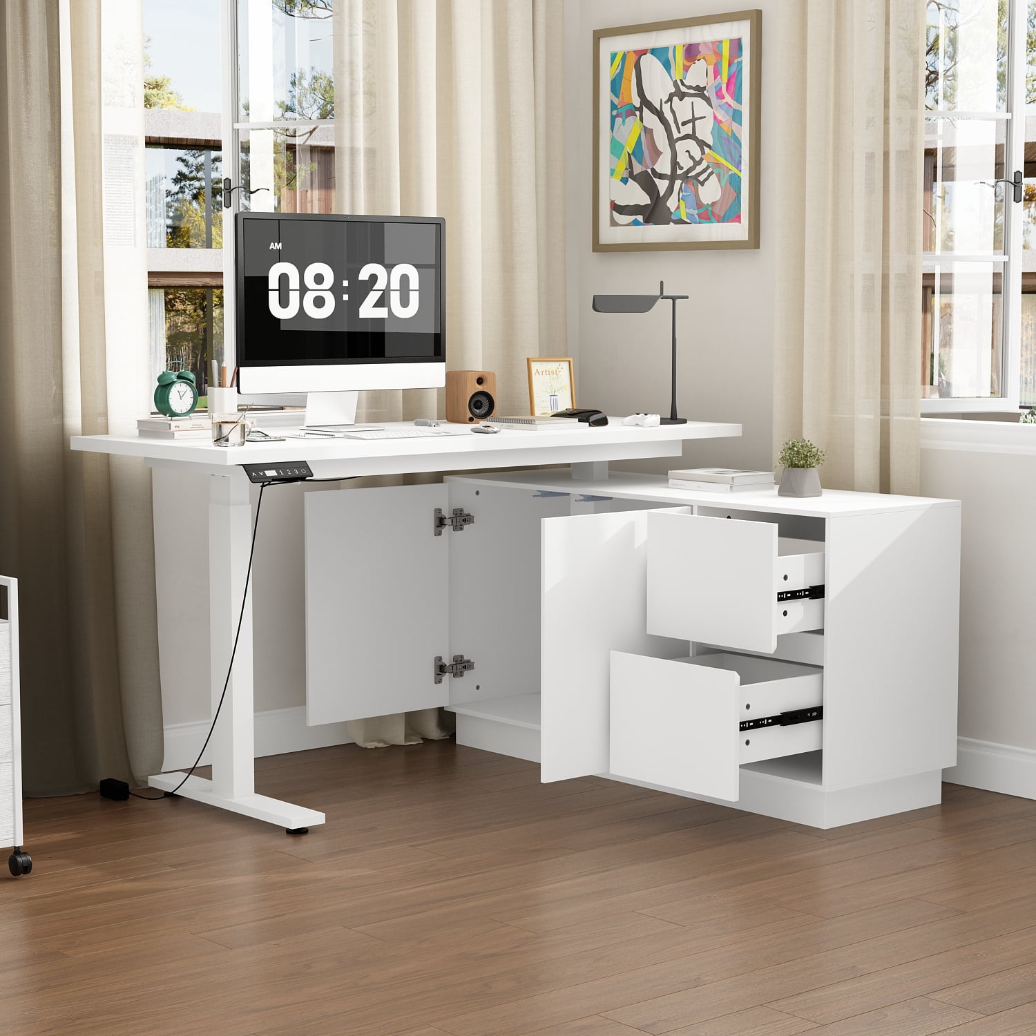 KULAGAGA L Shaped Standing Desk Height Adjustable, 54.3" W Electric Sit Stand Desk with Drawers & Storage Cabinet, Reversible Home Office Table Corner Computer Workstation, White (29.5"-44.5" H)