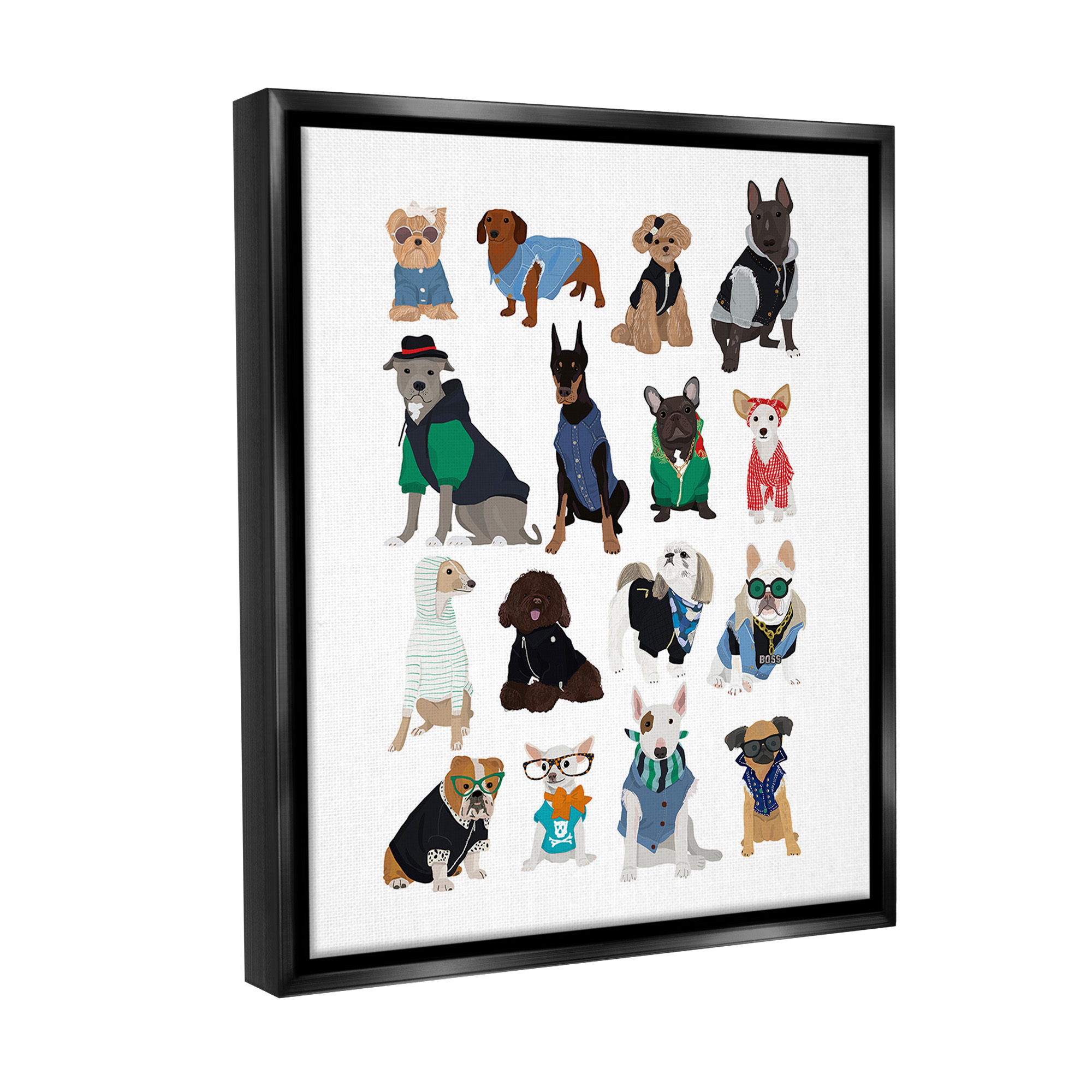 Stupell Industries Dogs with Various Fashion Animals & Insects Painting Black Floater Framed Canvas Art Print Wall Art, 25 x 31