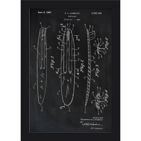 Blackboard Patent - Surfboard - Lantern Press Artwork (12x18 Giclee Art Print, Gallery Framed, Black
