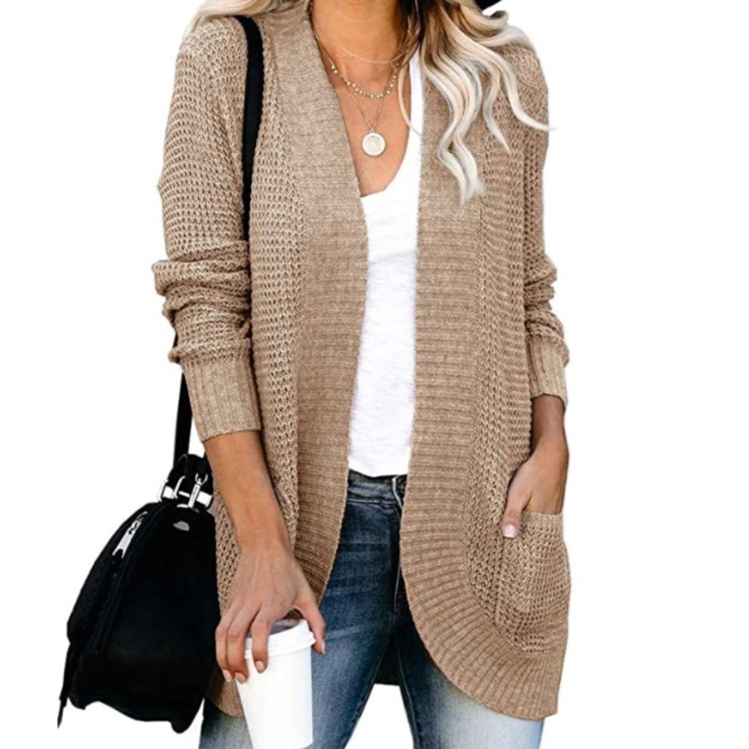 Women Curved Placket Pocket Sweater Long Sleeve Solid Cardigan Autumn  Knitwear Cardigans Khaki Size M - Walmart.com