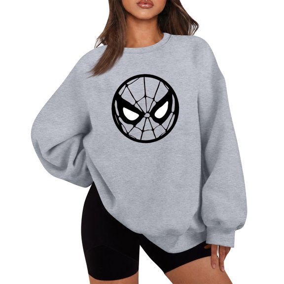Women's Spider Mask Graphic Sweatshirt, Solid Long Sleeve Crewneck Casual Loose Pullover for Fall Winter Streetwear, Light Gray, L