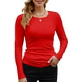 thumbnail image 1 of Womens Ribbed Long Sleeve Crewneck Casual Slim Basic Shirts Fitted Knit Tops Red XL, 1 of 6