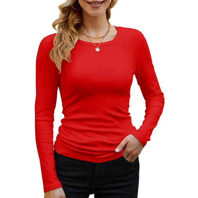 Womens Ribbed Long Sleeve Crewneck Casual Slim Basic Shirts Fitted Knit Tops Red M