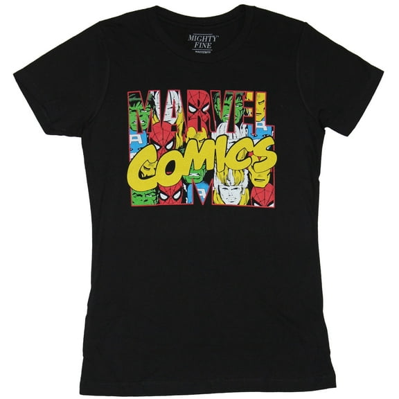 Marvel Comics Girls Juniors T-Shirt - Many Headed Classic Marvel Logo Image (X-Large)