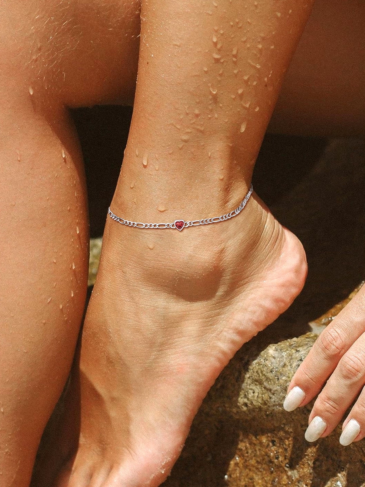 U7 Heart Anklet Bracelet for Women January Red Garnet Sterling Silver Figaro Anklet Charming Summer Jewelry Gift Beach Foot Chain for Daughter