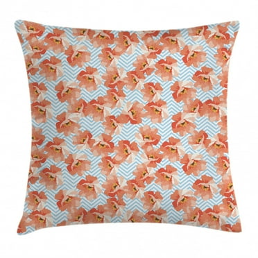 Coral Throw Pillow Cushion Cover, Soft Pastel Poppy Flowers on Chevron Zigzag Backdrop Romantic Feminine, Decorative Square Accent Pillow Case, 20 X 20 Inches, Coral Light Blue Yellow, by Ambesonne