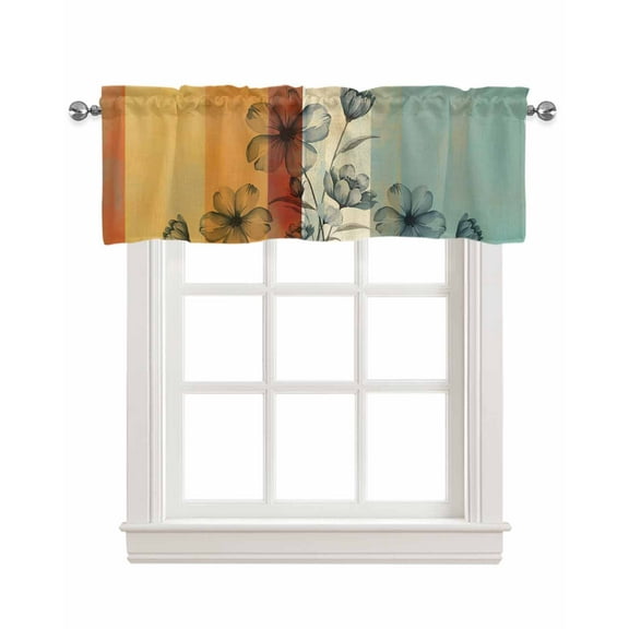Floral Orange Kitchen Valances for Windows Farmhouse Linen Window Valance Curtain for Living Room Window Treatment Multicolor Striped Decadent Botanical Flower Valance Rod Pocket Topper, 60 x 18 Inch