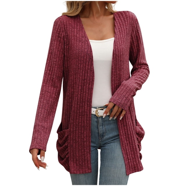 Yuyuzo Cardigan for Women Ribbed Knit Open Front Long Sweaters Long Sleeve Fall Coat with Pockets