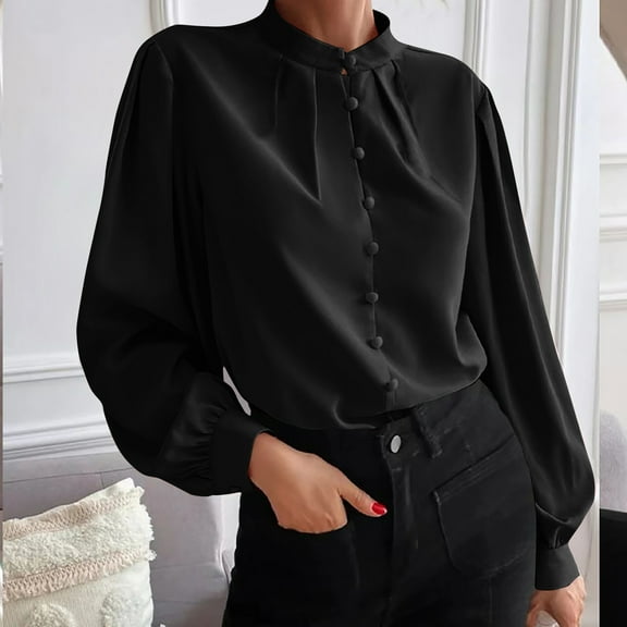 BLTIBY Womens Long Sleeve Top Spring Fall Solid Color Stand Neck Button Shirts Ladies Fashion Comfortable Casual Loose Blouse Black XXL