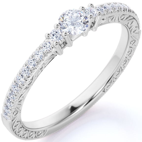 JeenMata Classic .83 ct - Real Round Moissanite - Vintage Inspired - Pave Band - Dainty - Anniversary Ring - 18K White Gold over Silver
