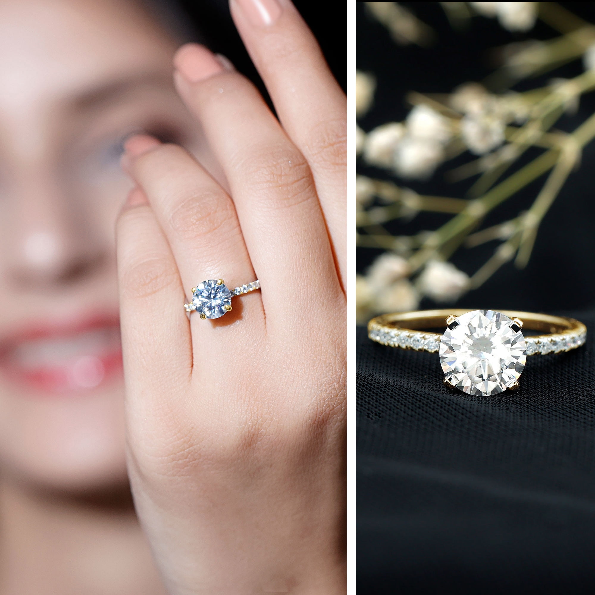 Rosec Jewels Lab Grown Diamond Solitaire Engagement Ring for Women - 2 ct - EF-VS Quality, 10K Yellow Gold, US 10.50