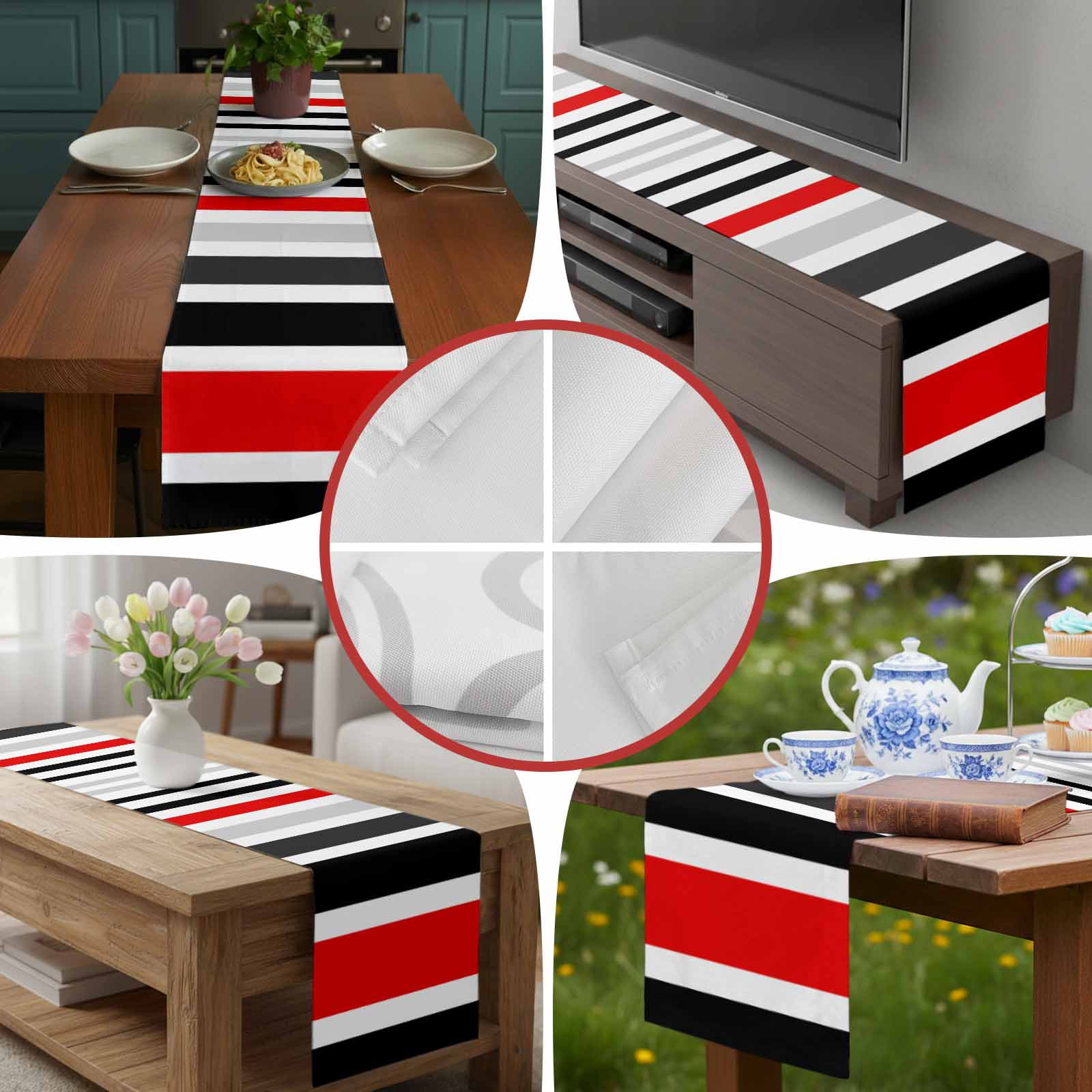 Red Black Grey Stripes Table Runner 90 Inches Long, Modern Geometric Pattern Table Runners Tabletop Scarf Kitchen Dining Tables Decoration for Home Party Indoor Outdoor