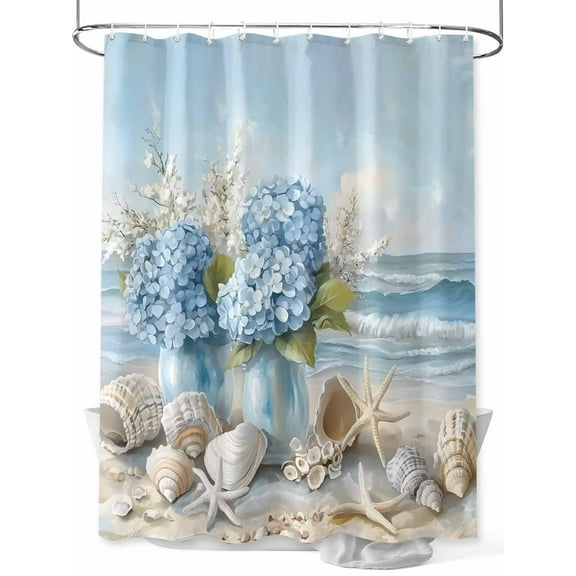 Fsddascl Hydrangeas Flowers Shower Curtain Set - Small 36" x 72" Washable Bathtub Curtain with 12 Hooks, Coastal Seaside Starfish Summer Waterproof Fabric Stall Shower Curtains for Bathroom/Bathtub