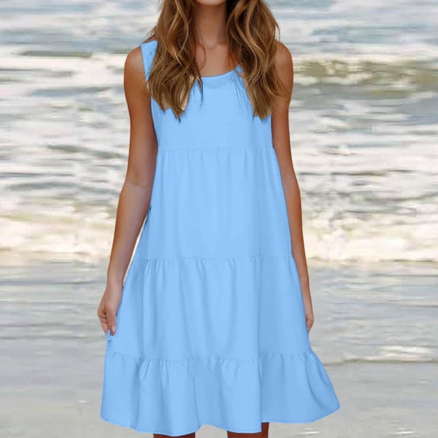 fartey Robe Décontractée pour Femmes Été Unie Col Rond à Étages Ample Robe Débardeur Sans Manches Ligne A Confortable Midi Robe de Plage