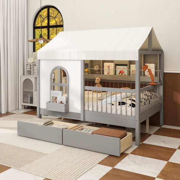 Full Size House Bed with 2 Large Drawers, Side Bookshelf with LED Strip, Gray