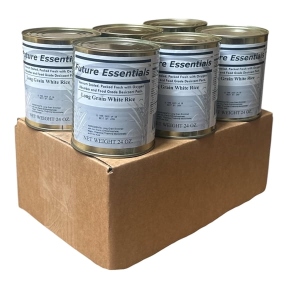 Future Essentials Long Grain White Rice 6 Pack (#2.5 Cans, 24 oz Each) – 25 Year Shelf Life Emergency Food, USA Grown Vacuum-Sealed Rice for Long-Term Storage & Preparedness