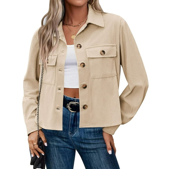 Qaspx Fashion Jackets for Women Casual Cropped Shackets Fall Button-up Shirts Corduroy Tops