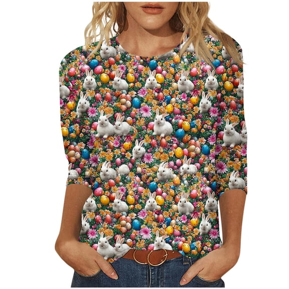 Ladies Tops and Blouses 3/4 Sleeve,Easter Shirts Women's 3/4 Sleeve Plus Size Crewneck Tunic Tops Funny Bunny Graphic Tee Shirts Spring Dressy Blouses