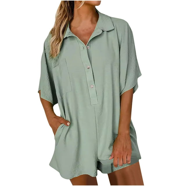 Timegard Womens Rompers Short Sleeve Lapel V-Neck Button Baggy Casual Wide Leg Shorts Jumpsuits with Pockets