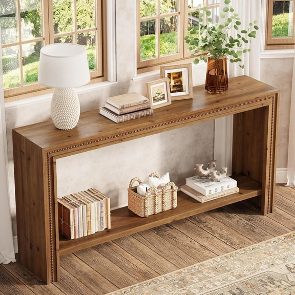 Finmind 63" Solid Wood Console Table, Farmhouse Narrow 2-Tier Entryway Table, Brown