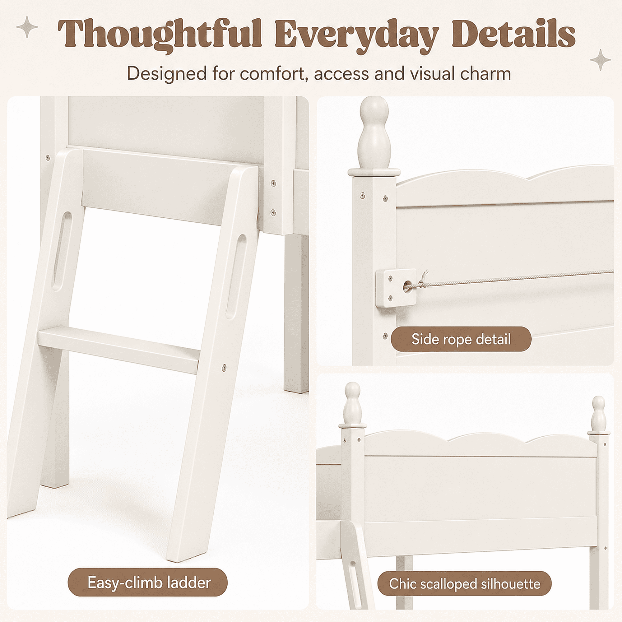 Miniyam Twin Low Loft Bed with Bookshelf and Guardrails, Wood Kids Bed for Bedroom, White
