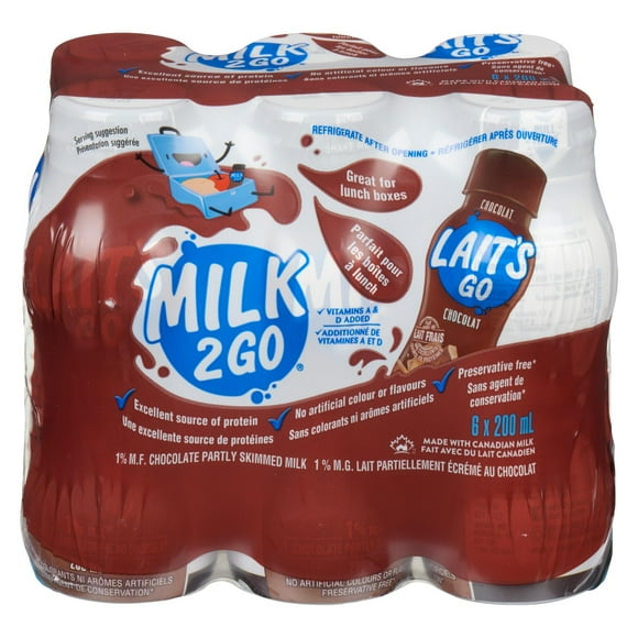 Milk2Go 1% Chocolate Partly Skimmed Milk, 6 x 200 mL