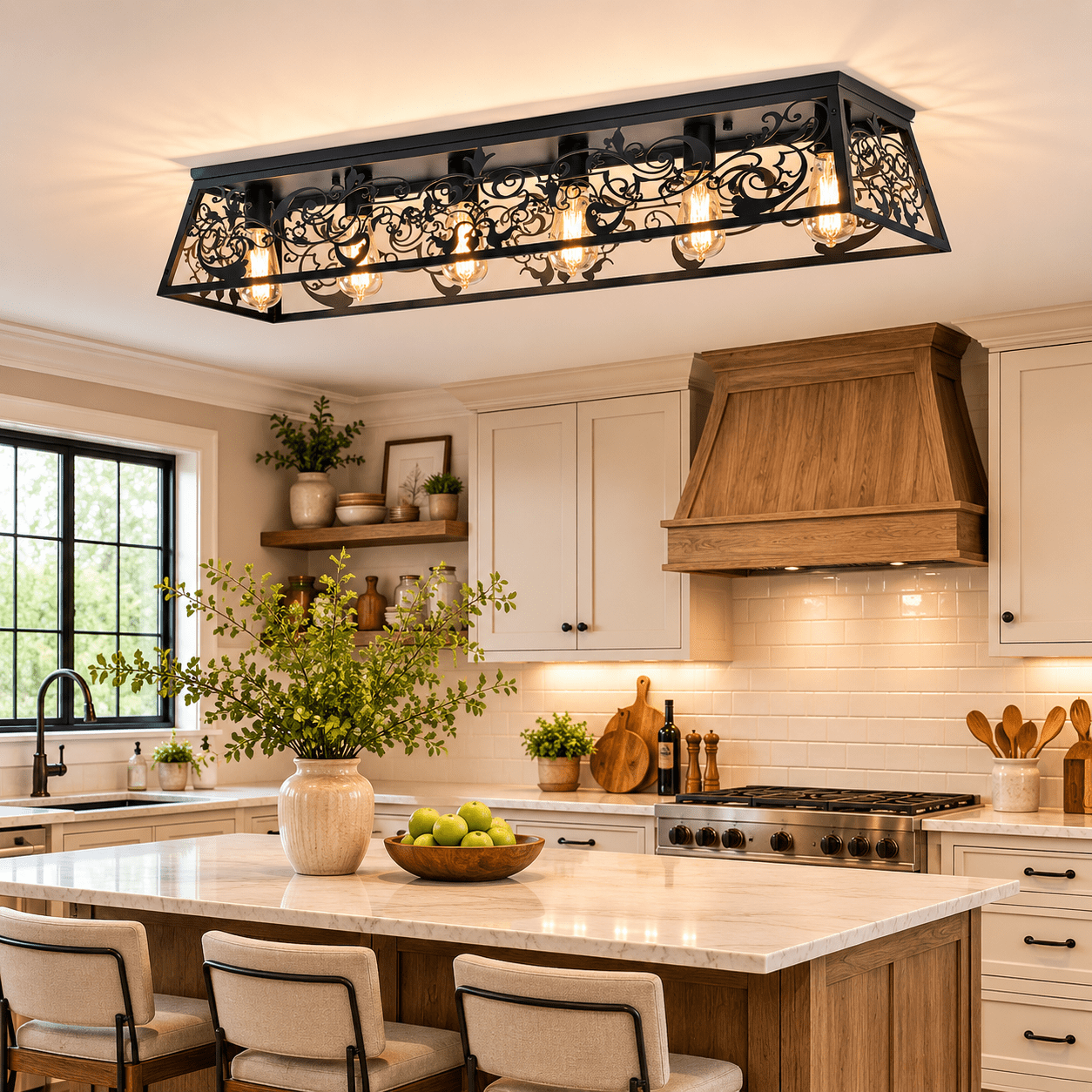 Garwarm 45.27 in. 6-Light Black Flush Mount Ceiling Light, Farmhouse Industrial Metal Shade Ceiling Light Fixture for Kitchen Island Hallway Entryway