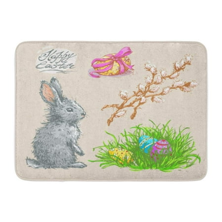 LADDKE Colored Sketches Easter Rabbit Eggs in Grass and Pussy Willow Twigs Vintage Doormat Floor Rug Bath Mat 30x18 (Best Way To Eat Her Pussy)