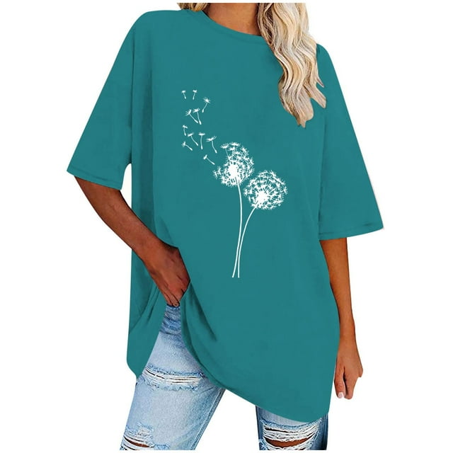 Camisetas de Manga Corta para las Mujeres Impreso Cuello Redondo Suelto Camiseta, Casual Cuatro Estaciones Blusa para el Hogar