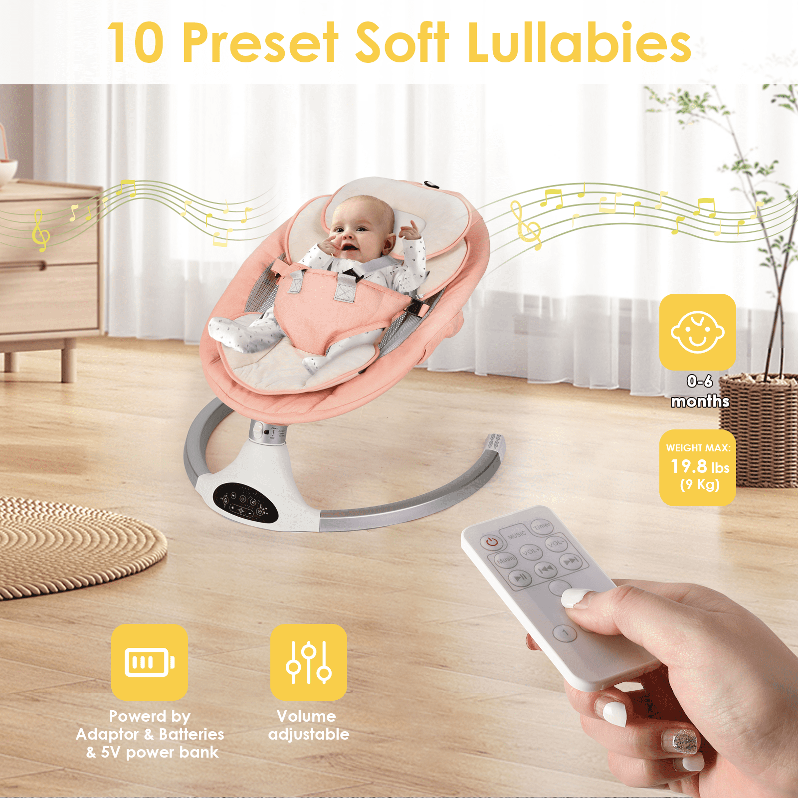 Baby Swing for Infants - Electric Indoor Baby Rocker 3 Speeds and 10 Lullabies, Portable, Touch Screen & Remote Control, Bluetooth, Pink