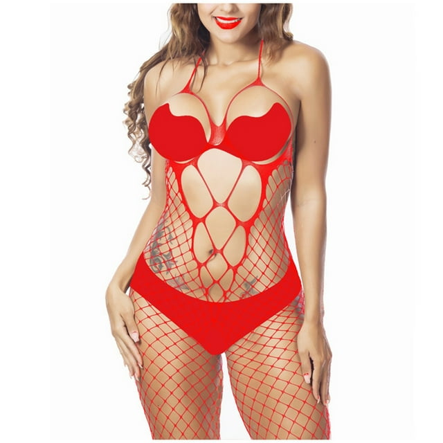 TSADFHJI Ensembles de Lingerie Aguichant Femmes Bas Résille Transparent Entrejambe Ouvert Justaucorps Lingerie Taille Unique Rouge