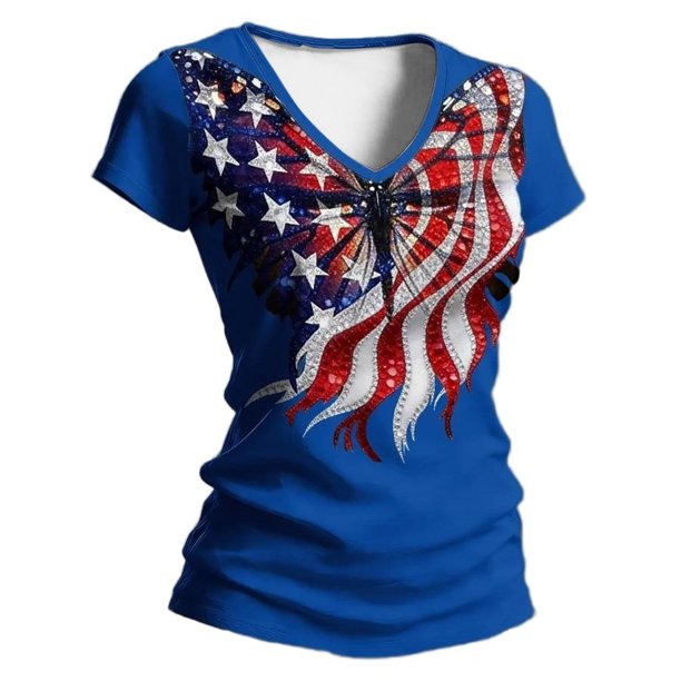Camiseta de Manga Corta de la Mujer Casual Suave Transpirable de Poliéster con Cuello en V Top de Impresión para Eventos Patrióticos de Uso Diario
